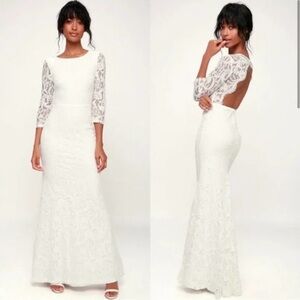 NWT Lulu's White Long Sleeve Lace Dress Wedding Formal Open Back Country Chic